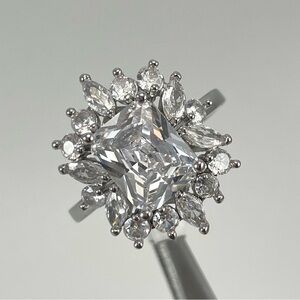 Beautiful Statement Radiant Cut Starburst Halo Diamond CZ Silver Plated Ring